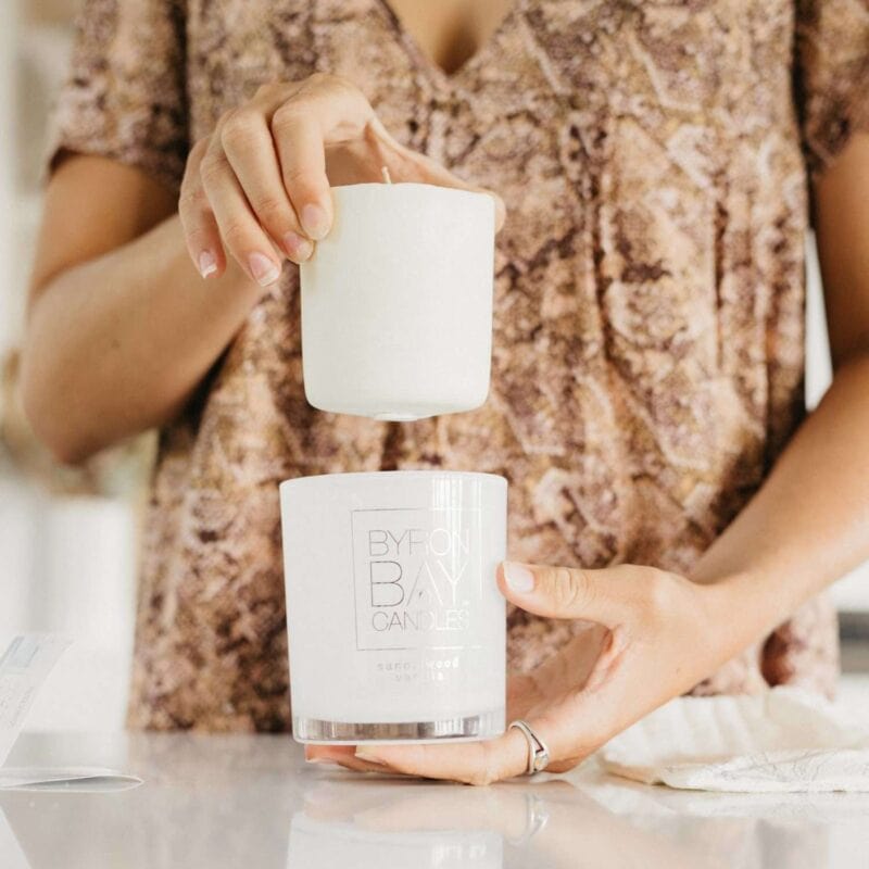 Byron_Bay_Candles_lit_candle_refill_demo_still-e1621923240164.jpg Scented pure soy candle and refill candle twin gift set | all scents available (phthalate FREE)